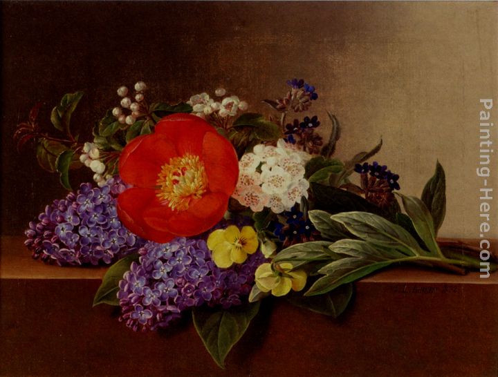 Lilacs, Violets, Pansies, Hawthorn Cuttings, And Peonies On A Marble Ledge painting - Johan Laurentz Jensen Lilacs, Violets, Pansies, Hawthorn Cuttings, And Peonies On A Marble Ledge art painting